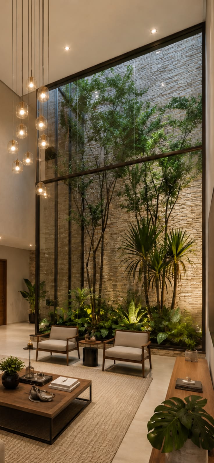 Interior de residência autoral com iluminação natural, madeira e mobiliário sob medida.